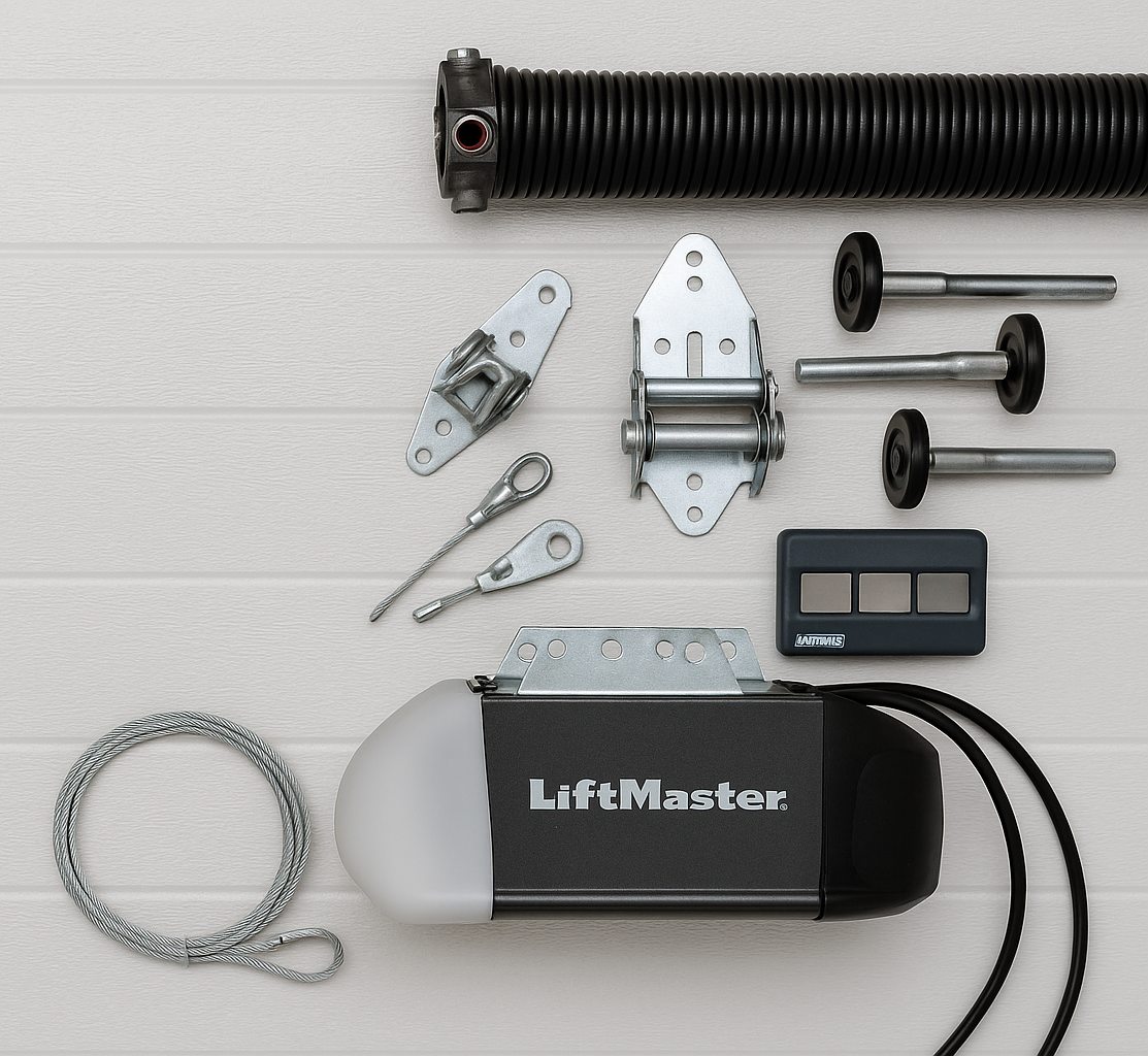  Garage door parts including spring, cable, rollers, hinge, and LiftMaster opener