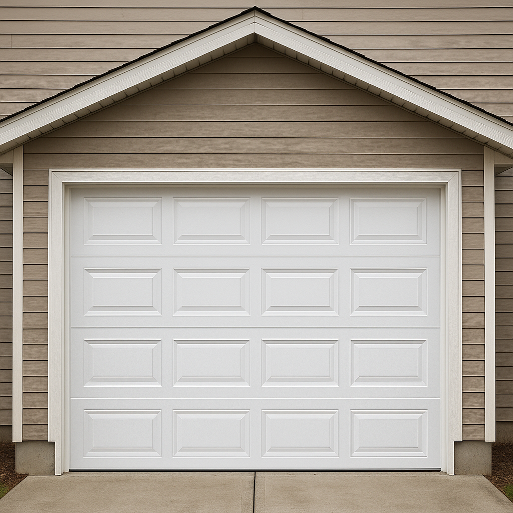  New white garage door fully installed with clean horizontal panels 