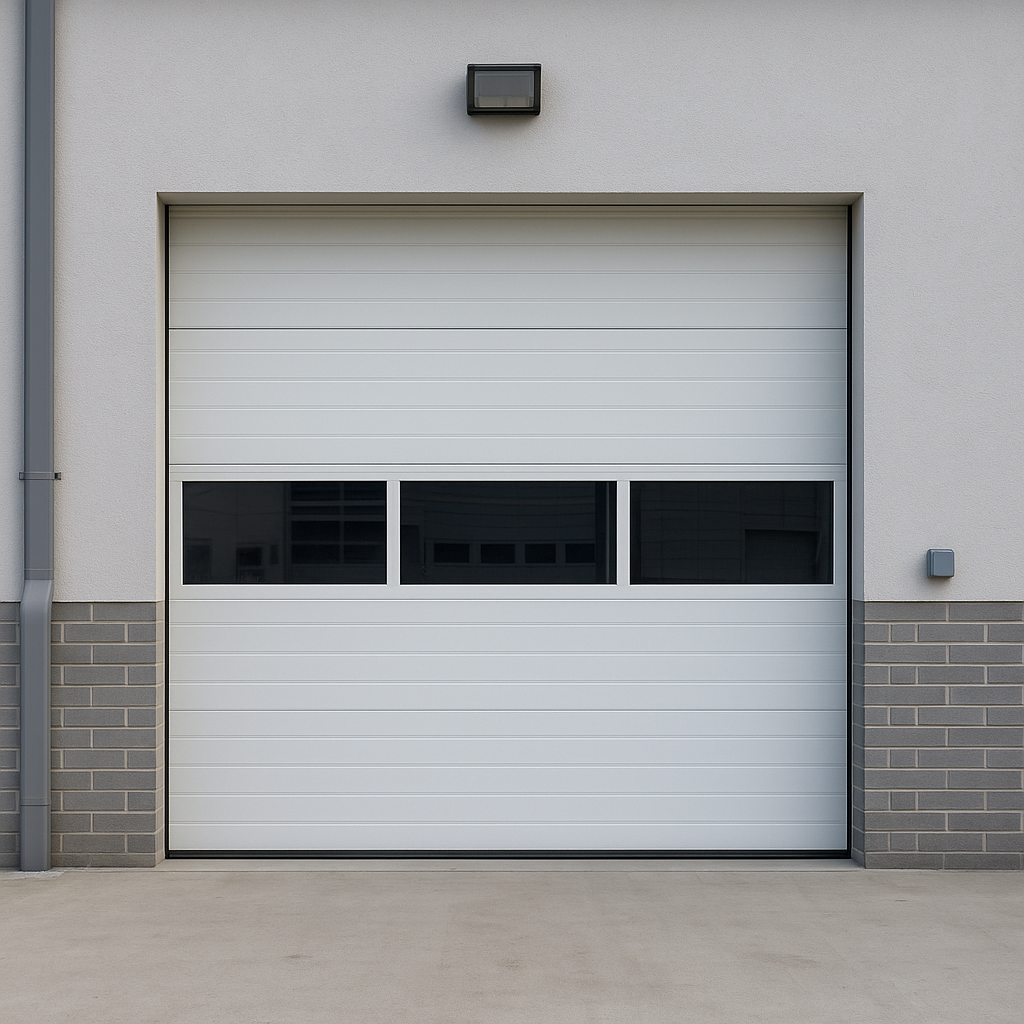  Modern white garage door with windows on a clean commercial building