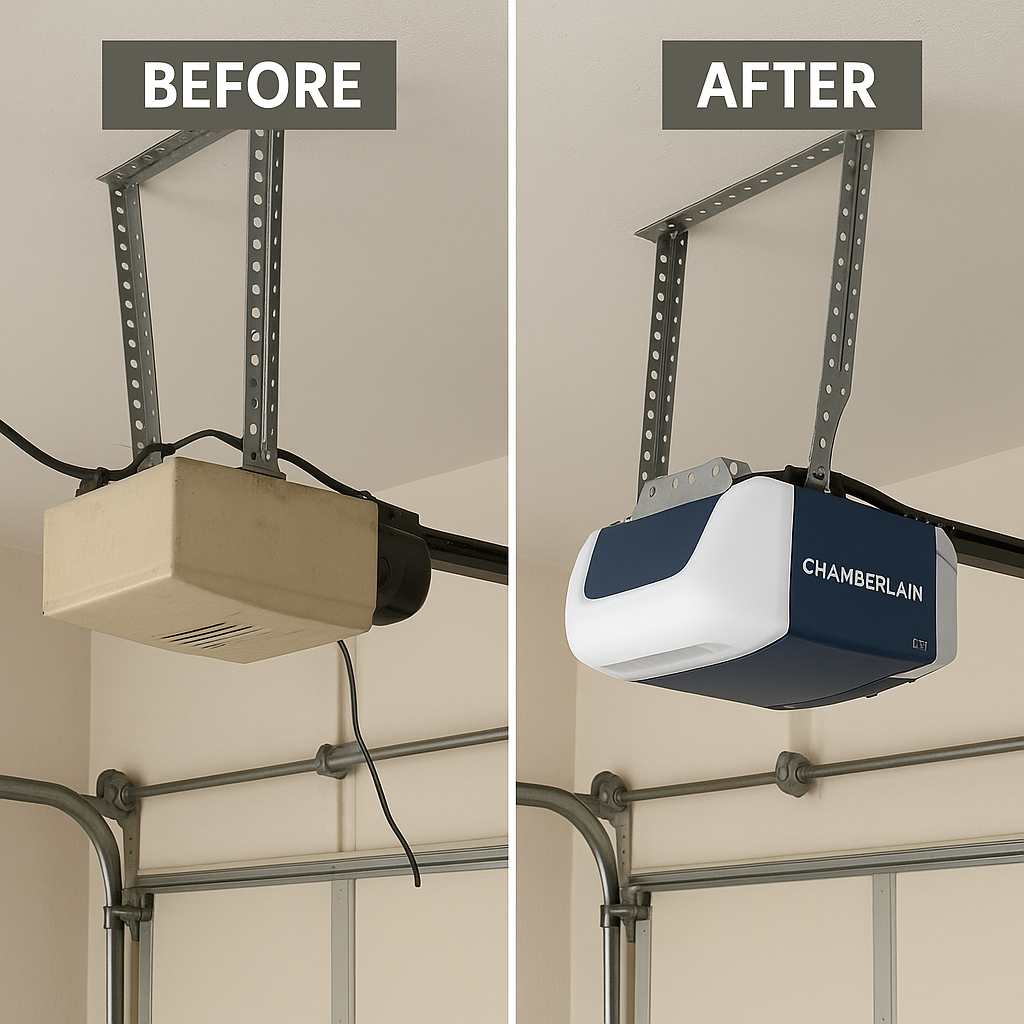 Side-by-side comparison of an old garage door opener and a new modern Chamberlain unit