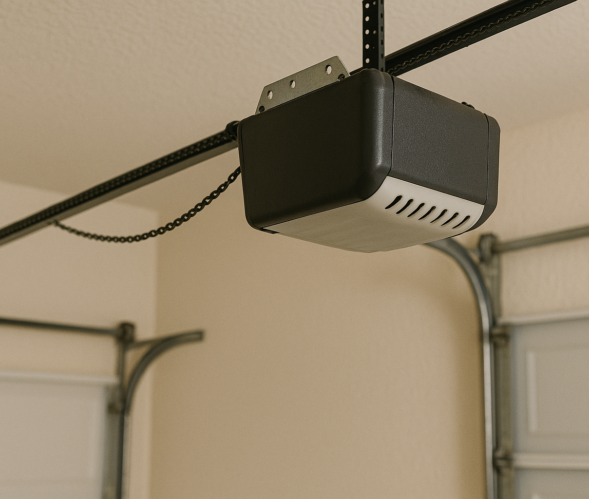   Close-up of a garage door opener unit mounted on the ceiling 