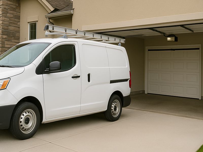  White service van parked in front of an open residential garage