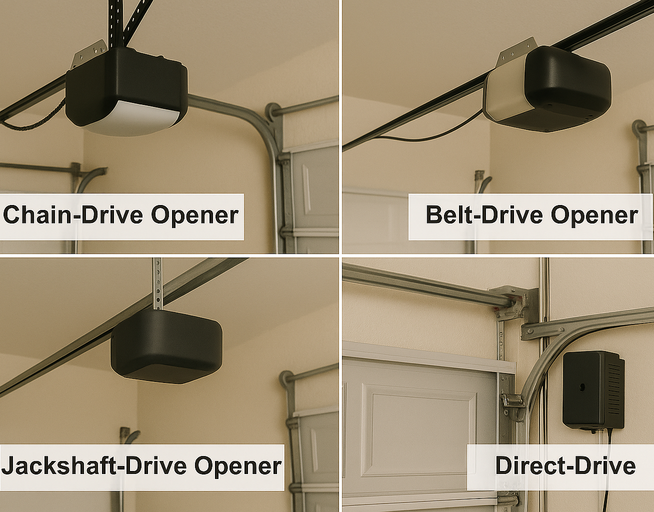  Chain-Drive, Belt-Drive, Screw-Drive, Jackshaft-Drive, and Direct-Drive garage door openers displayed in a garage setting