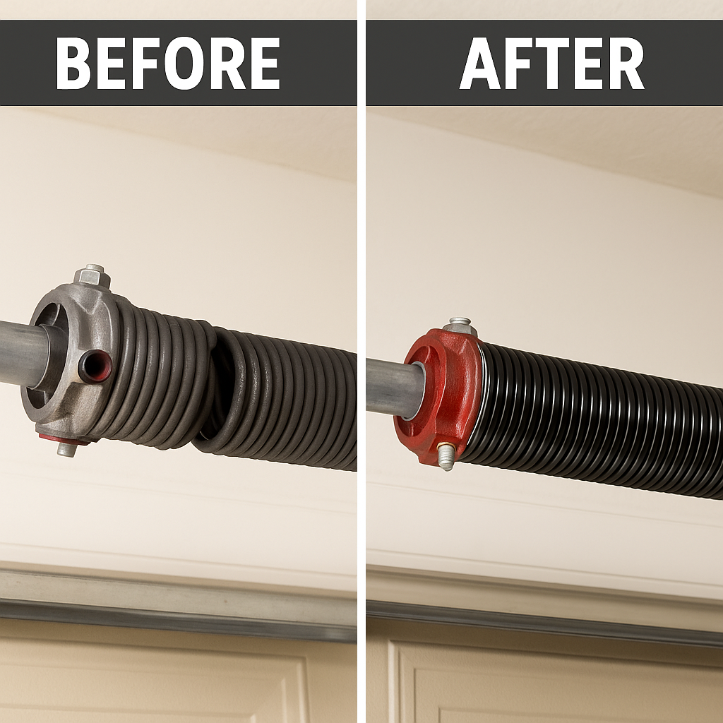  Side-by-side comparison of broken and repaired garage door torsion springs
