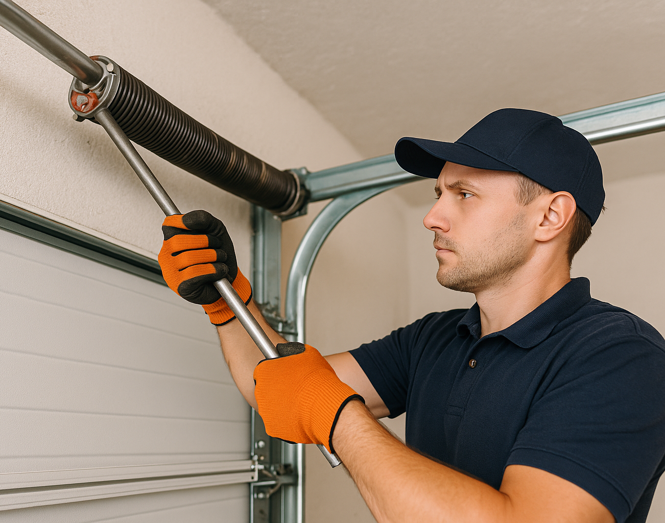  Technician adjusting garage door torsion spring for routine maintenance