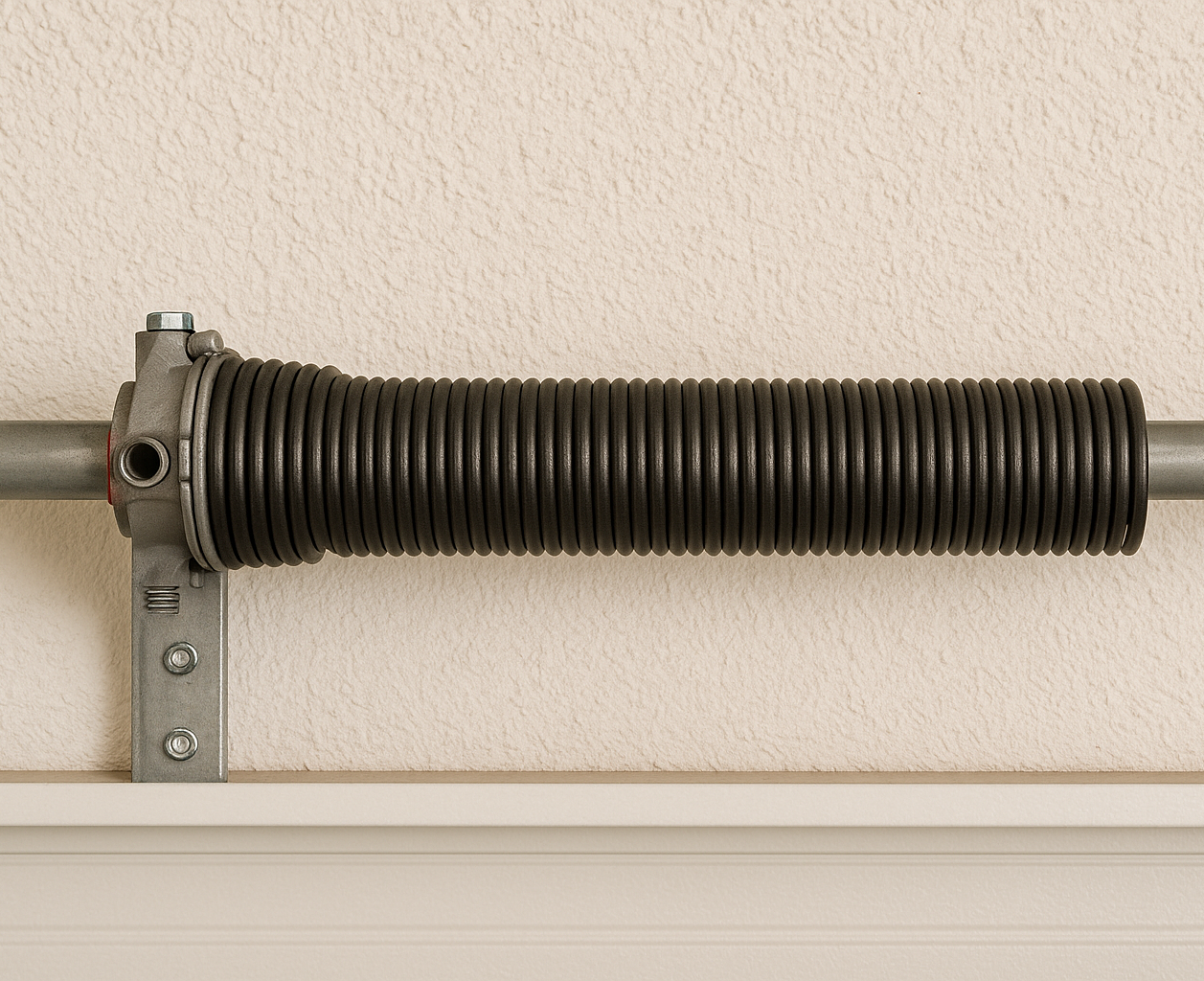   Close-up of a torsion garage door spring mounted on a metal shaft 